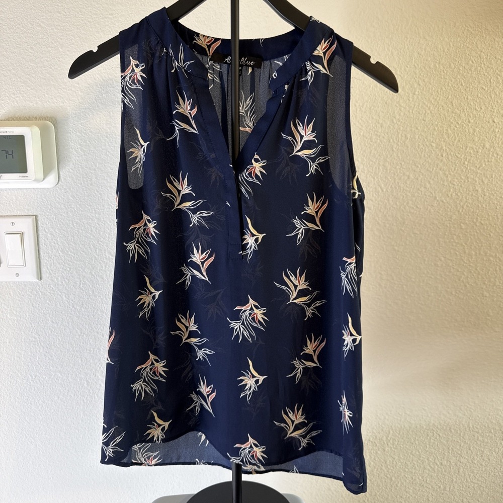 Alice Blue Women's Top Blue Floral Silk Blend Sheer Sleeveless Petite Size Small